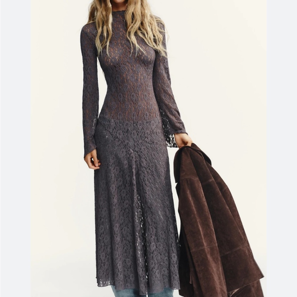 Zara Charcoal Gray Lace High-Neck Long-Sleeve Maxi Dress - Picture 2 of 7